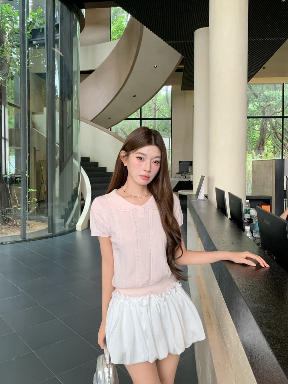 정가 실사 새로운 부드러운 한 부서 소녀 바람 기타 색상 베이비 칼라 반팔 니트 맨위 상세 이미지 40