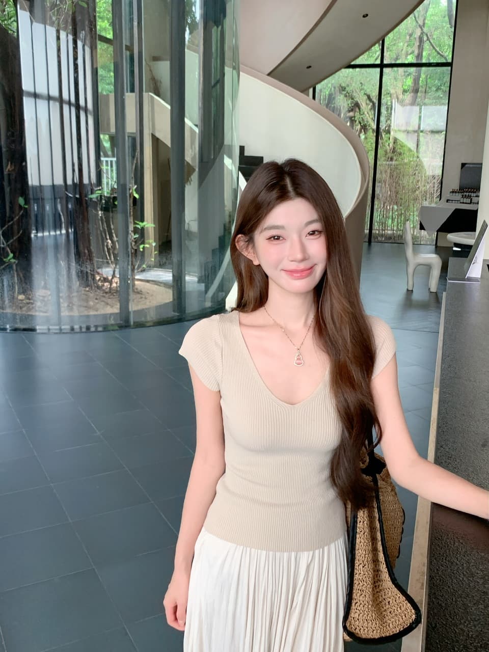 정가 실사 새로운 작은 키 슬림해 보이는 허리 수축 니트 티셔츠 느긋한 반신 스커트 롱 스커트 이미지 3