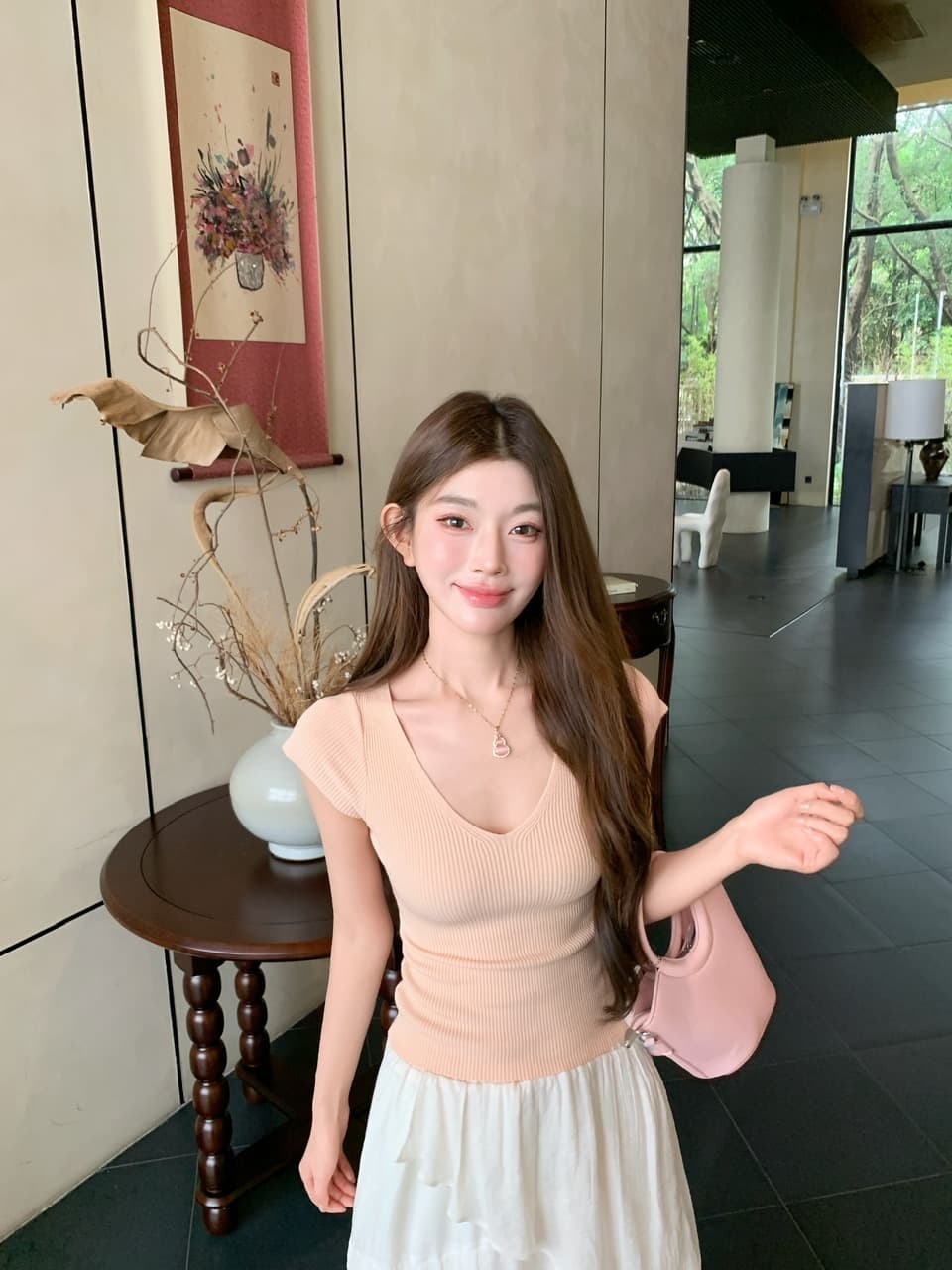 정가 실사 새로운 기타 색상 작은 키 슬림해 보이는 허리 수축 니트 티셔츠 상세 이미지 3