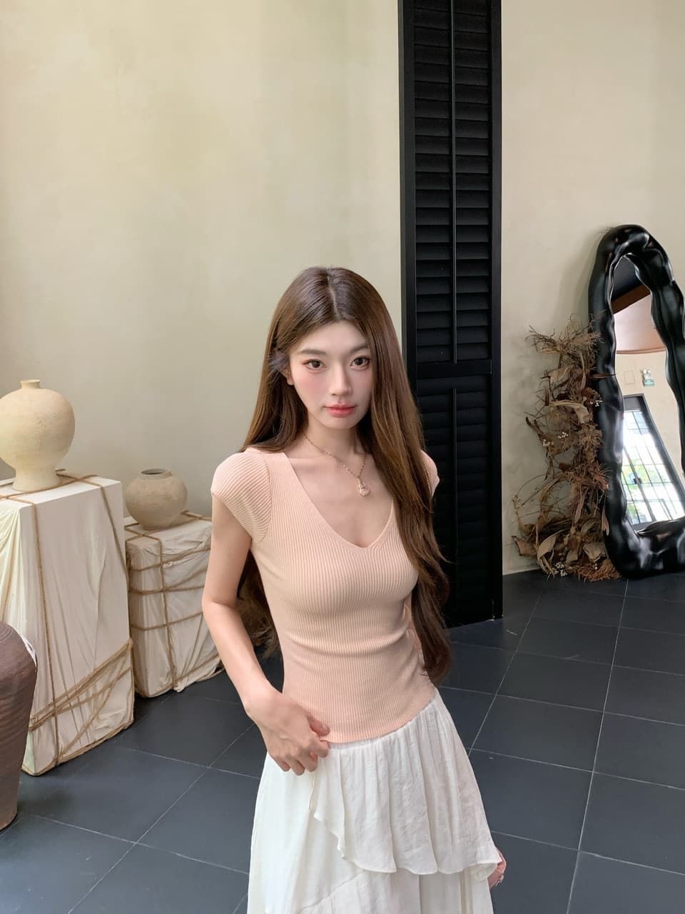 정가 실사 새로운 기타 색상 작은 키 슬림해 보이는 허리 수축 니트 티셔츠 상세 이미지 6