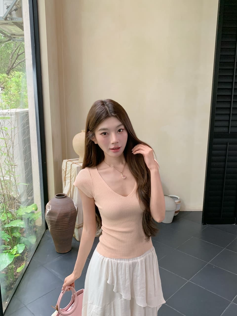 정가 실사 새로운 기타 색상 작은 키 슬림해 보이는 허리 수축 니트 티셔츠 상세 이미지 9