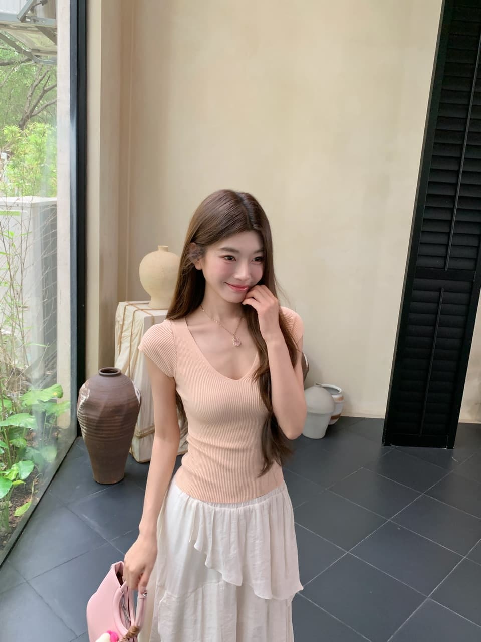 정가 실사 새로운 기타 색상 작은 키 슬림해 보이는 허리 수축 니트 티셔츠 상세 이미지 10
