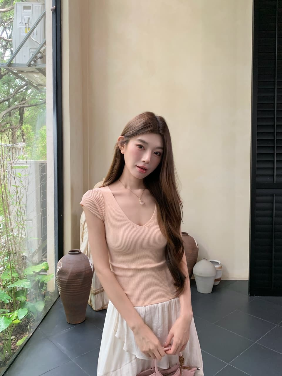 정가 실사 새로운 기타 색상 작은 키 슬림해 보이는 허리 수축 니트 티셔츠 상세 이미지 12