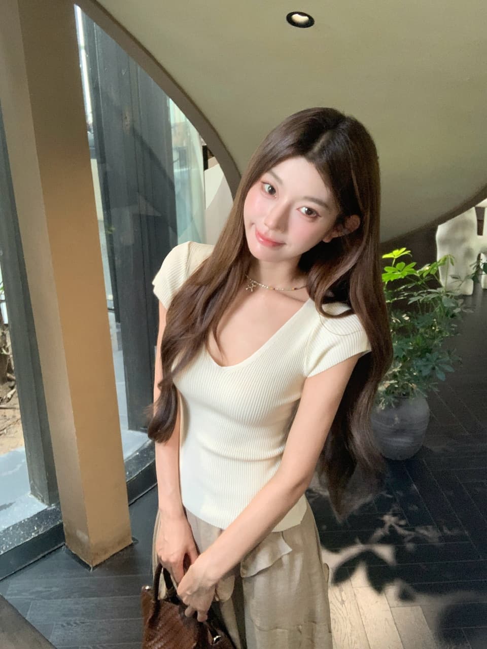 정가 실사 새로운 기타 색상 작은 키 슬림해 보이는 허리 수축 니트 티셔츠 상세 이미지 14