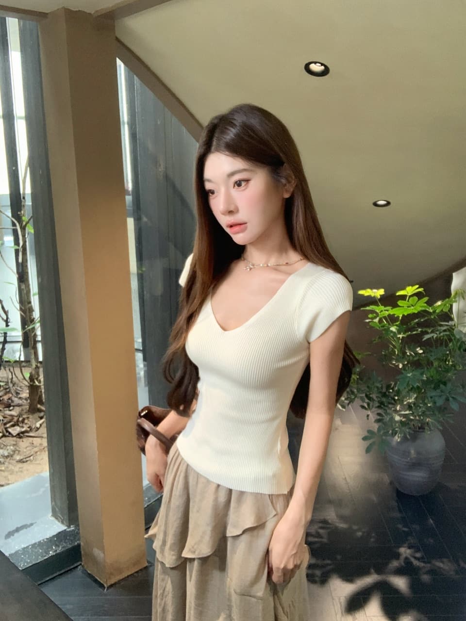 정가 실사 새로운 기타 색상 작은 키 슬림해 보이는 허리 수축 니트 티셔츠 상세 이미지 15
