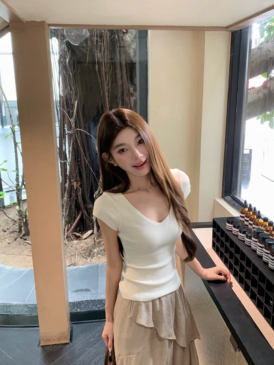정가 실사 새로운 기타 색상 작은 키 슬림해 보이는 허리 수축 니트 티셔츠 상세 이미지 18