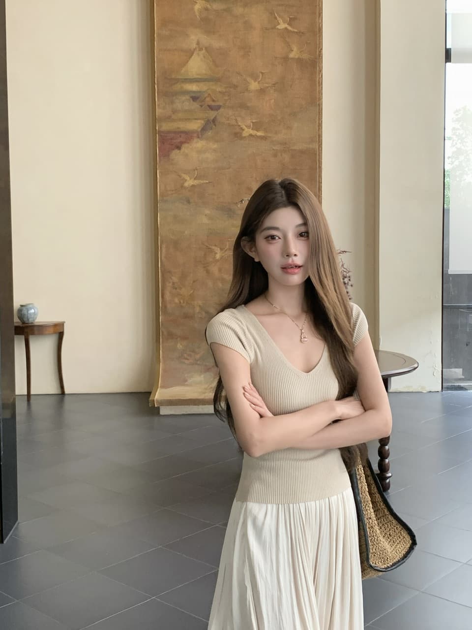정가 실사 새로운 기타 색상 작은 키 슬림해 보이는 허리 수축 니트 티셔츠 상세 이미지 43