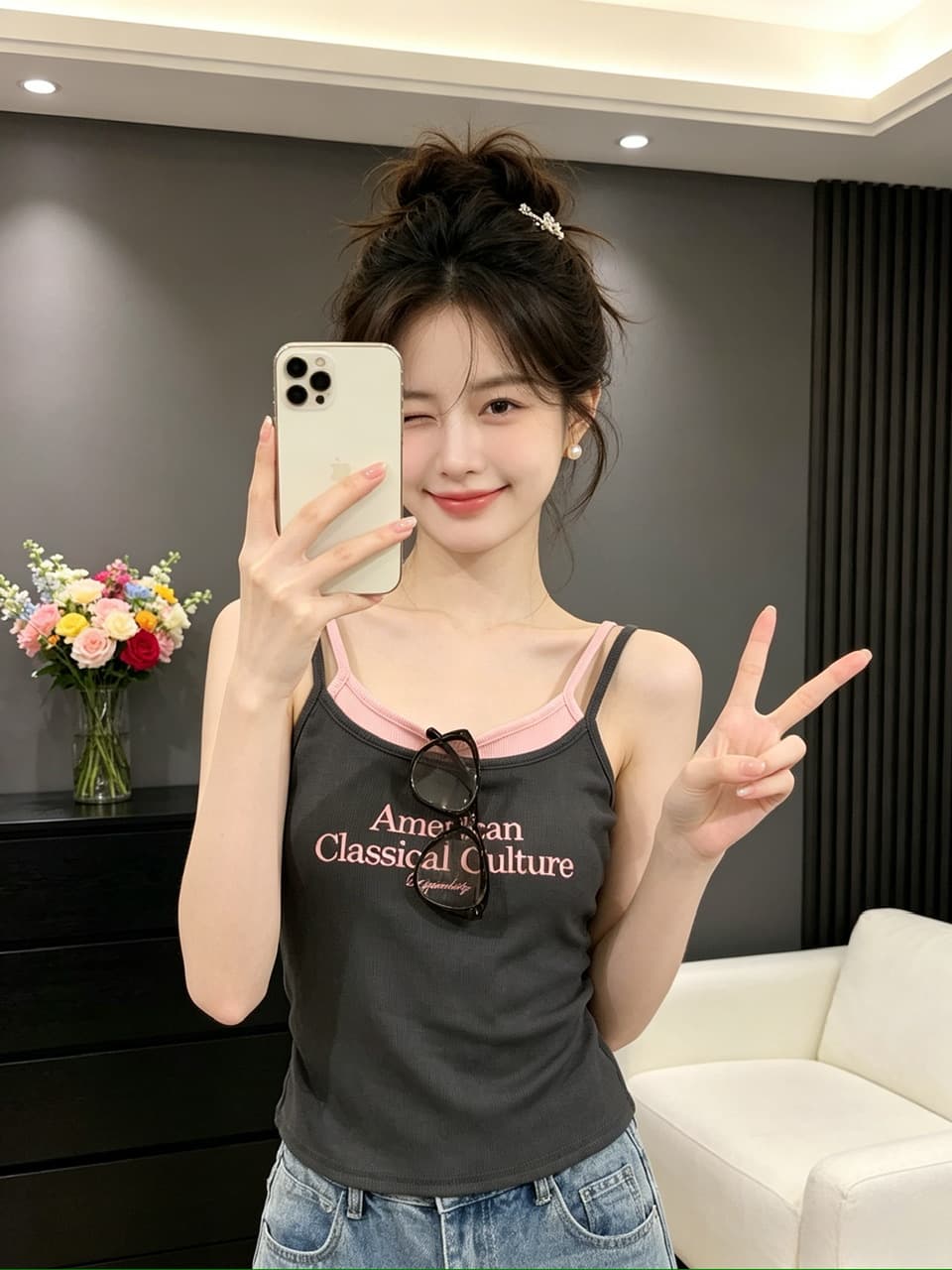 정가 실사 아메리칸 레트로 알파벳 페이크 레이어드 슬립 몸매 가꾸기 쇼트 스타일 핫걸 조끼 이미지 3