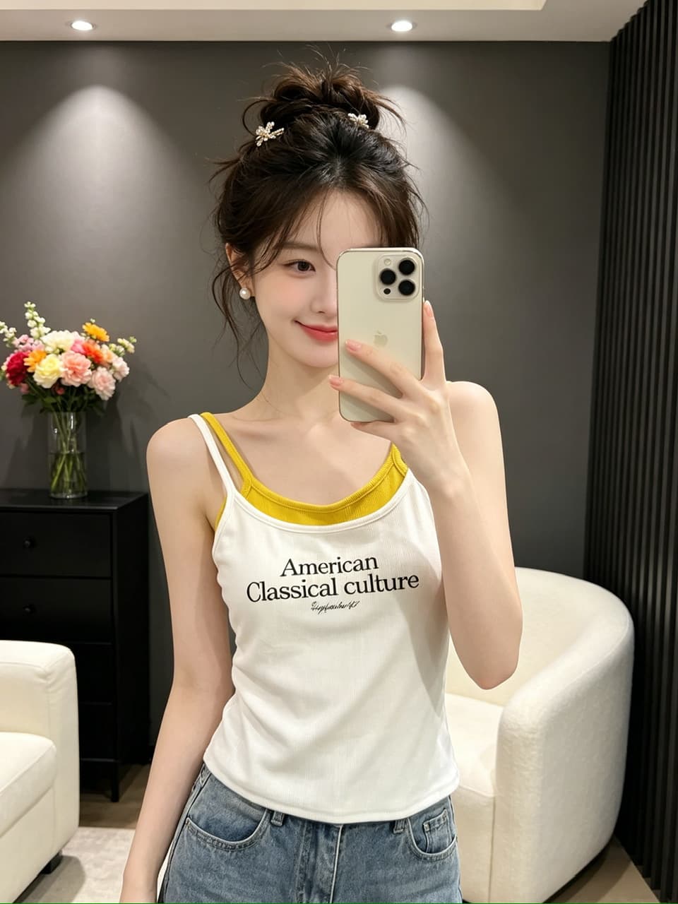 정가 실사 아메리칸 레트로 알파벳 페이크 레이어드 슬립 몸매 가꾸기 쇼트 스타일 핫걸 조끼 상세 이미지 3