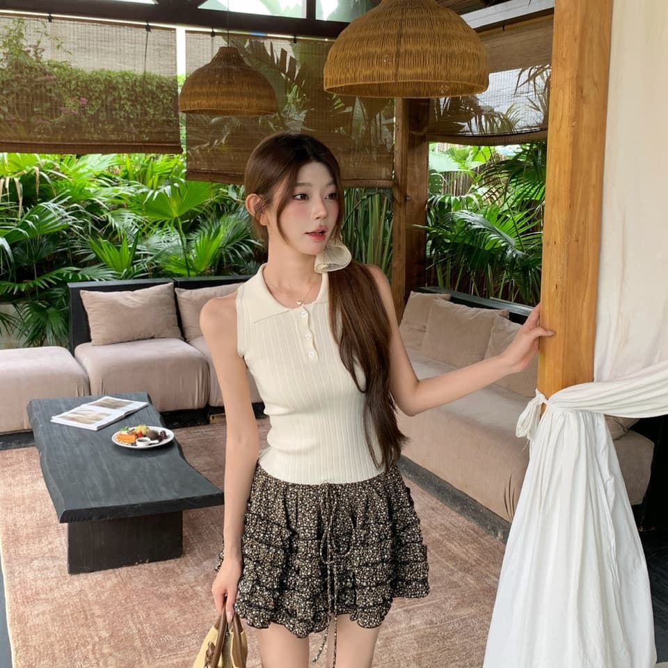 정가 실사 순수한 욕망 POLO 칼라 민소매 니트 몸매 가꾸기 슬림해 보이는 쇼트 스타일 행침 목 조끼 꽃무늬 케이크 미니 스커트 이미지 5