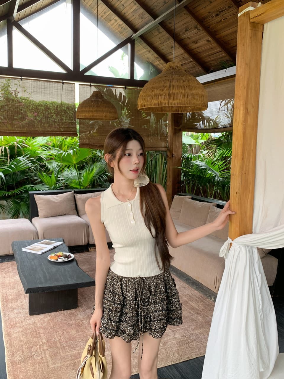 정가 실사 순수한 욕망 POLO 칼라 민소매 니트 몸매 가꾸기 슬림해 보이는 쇼트 스타일 행침 목 조끼 꽃무늬 케이크 미니 스커트 상세 이미지 5