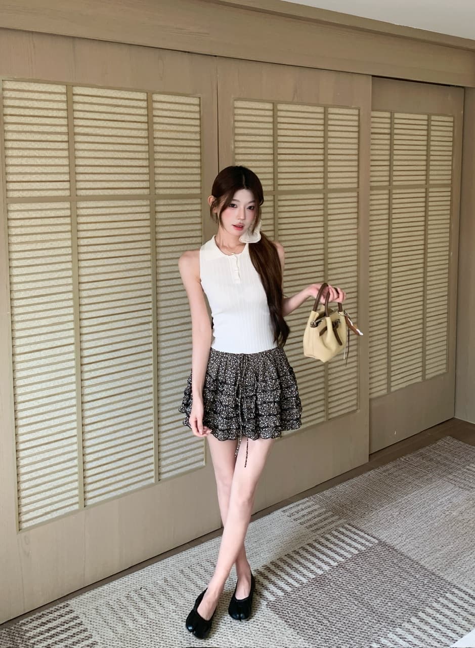정가 실사 순수한 욕망 POLO 칼라 민소매 니트 몸매 가꾸기 슬림해 보이는 쇼트 스타일 행침 목 조끼 꽃무늬 케이크 미니 스커트 상세 이미지 24