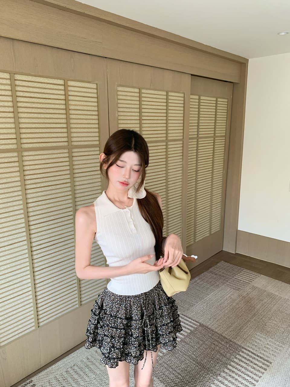 정가 실사 순수한 욕망 POLO 칼라 민소매 니트 몸매 가꾸기 슬림해 보이는 쇼트 스타일 행침 목 조끼 꽃무늬 케이크 미니 스커트 상세 이미지 25