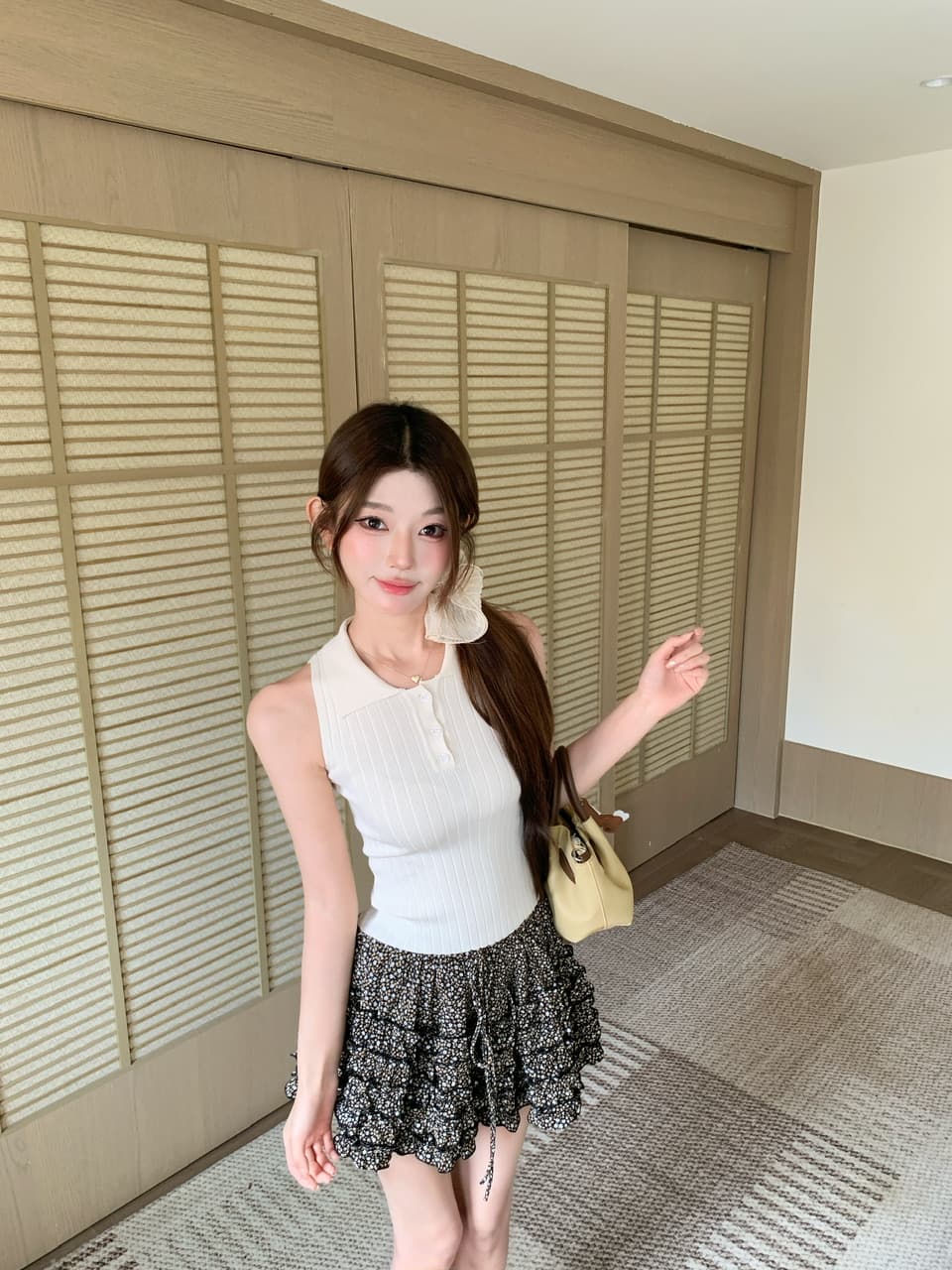 정가 실사 순수한 욕망 POLO 칼라 민소매 니트 몸매 가꾸기 슬림해 보이는 쇼트 스타일 행침 목 조끼 꽃무늬 케이크 미니 스커트 상세 이미지 26