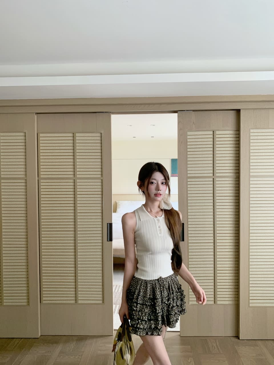 정가 실사 순수한 욕망 POLO 칼라 민소매 니트 몸매 가꾸기 슬림해 보이는 쇼트 스타일 행침 목 조끼 꽃무늬 케이크 미니 스커트 상세 이미지 27