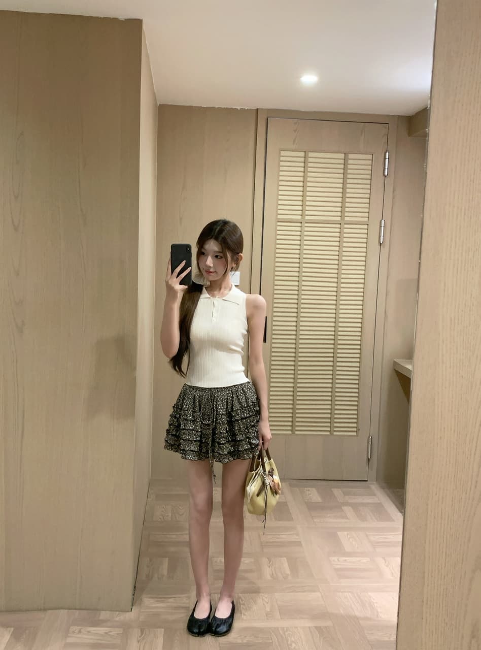 정가 실사 순수한 욕망 POLO 칼라 민소매 니트 몸매 가꾸기 슬림해 보이는 쇼트 스타일 행침 목 조끼 꽃무늬 케이크 미니 스커트 상세 이미지 30
