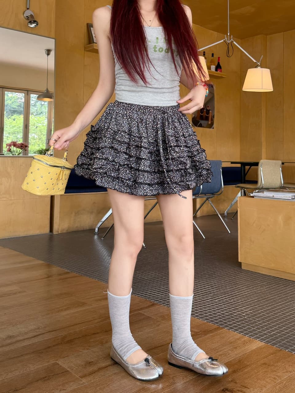 정가 실사 레트로 작은 꽃무늬 프릴 하이웨이스트 펌프 로프 루즈핏 다용도 노출 방지 쇼트 스타일 퍼프 스커트 상세 이미지 12