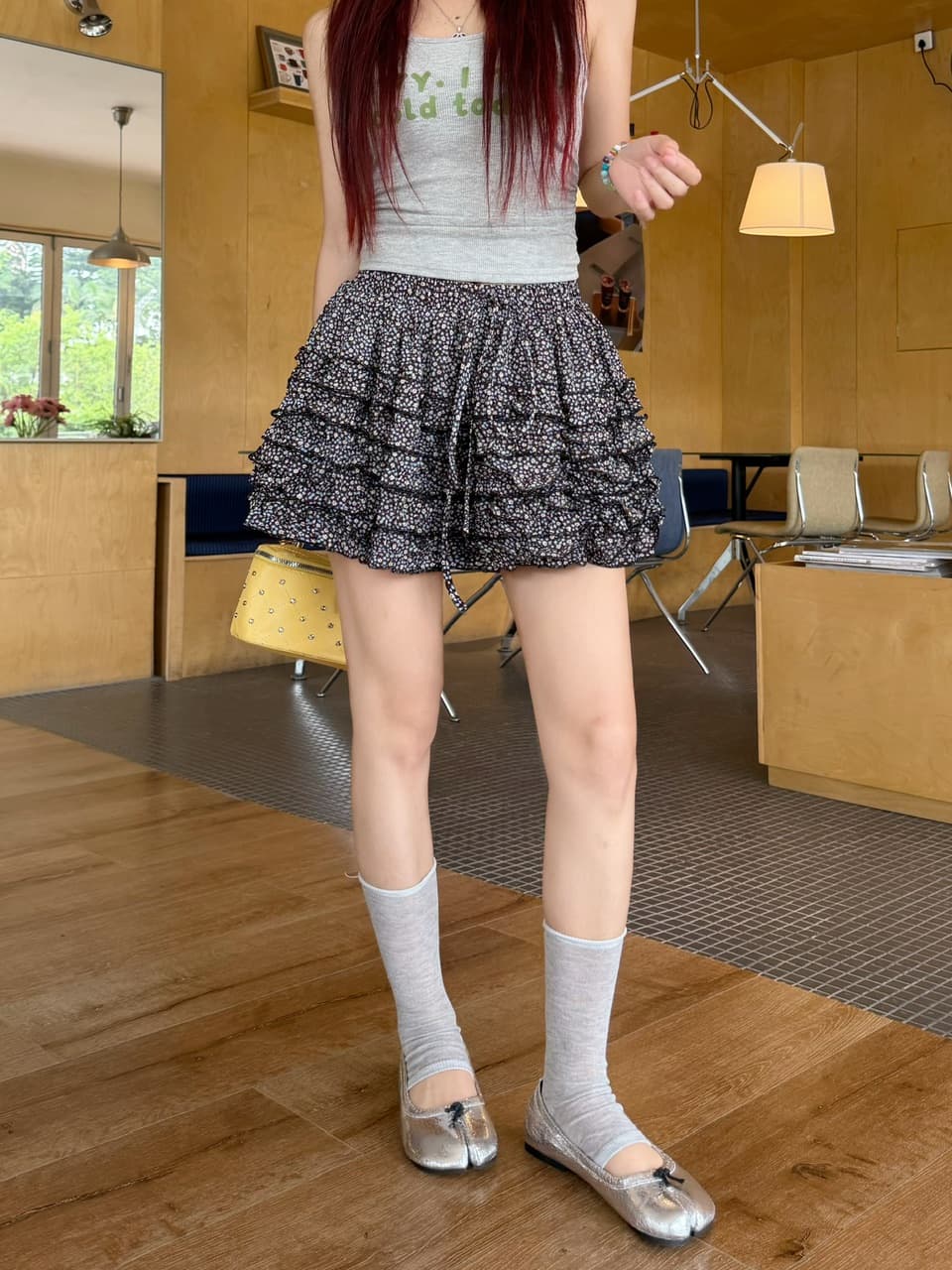 정가 실사 레트로 작은 꽃무늬 프릴 하이웨이스트 펌프 로프 루즈핏 다용도 노출 방지 쇼트 스타일 퍼프 스커트 상세 이미지 16