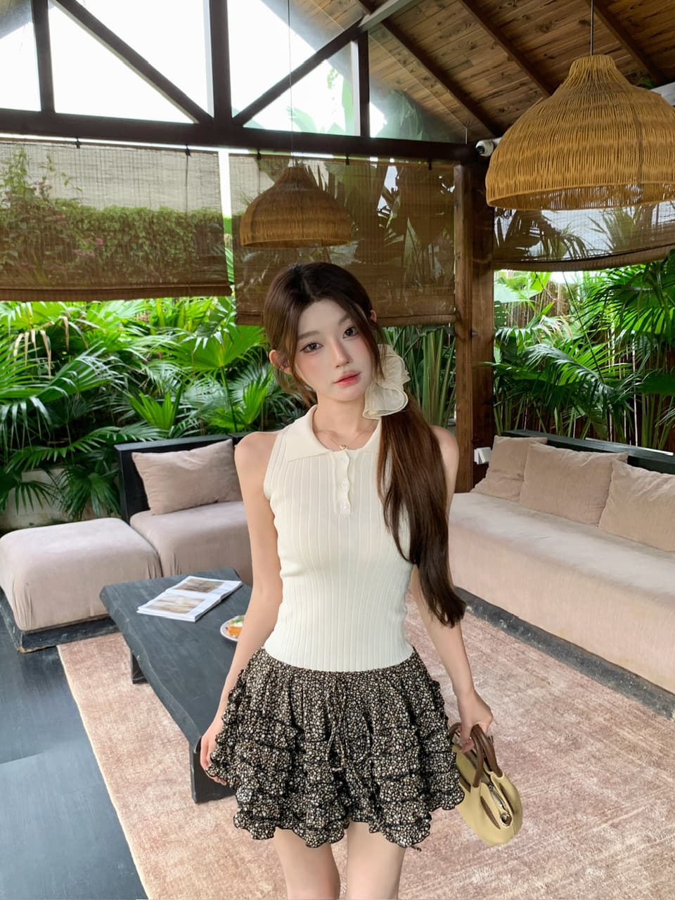 정가 실사 레트로 작은 꽃무늬 프릴 하이웨이스트 펌프 로프 루즈핏 다용도 노출 방지 쇼트 스타일 퍼프 스커트 상세 이미지 20