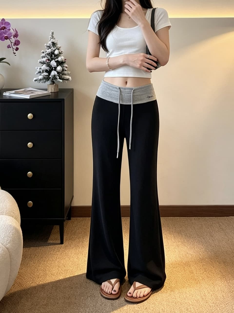 정가 실사 느긋한 바람 펌프 로프 부츠컷 바지 여성 배색 패치워크 허리 머리 디자인 센스 슬림해 보이는 캐주얼 긴 바지 이미지 4