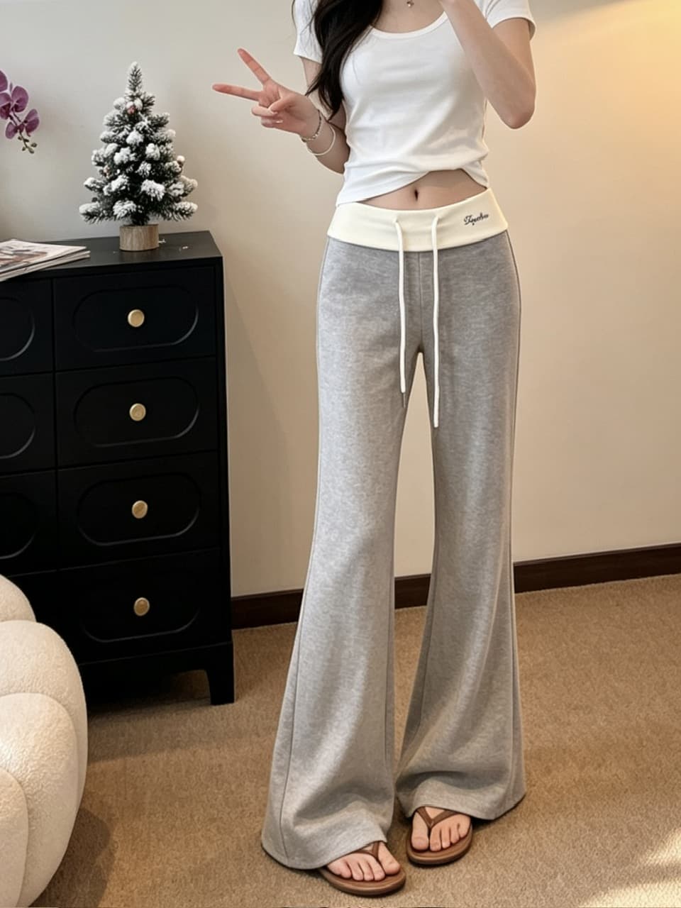 정가 실사 느긋한 바람 펌프 로프 부츠컷 바지 여성 배색 패치워크 허리 머리 디자인 센스 슬림해 보이는 캐주얼 긴 바지 상세 이미지 3