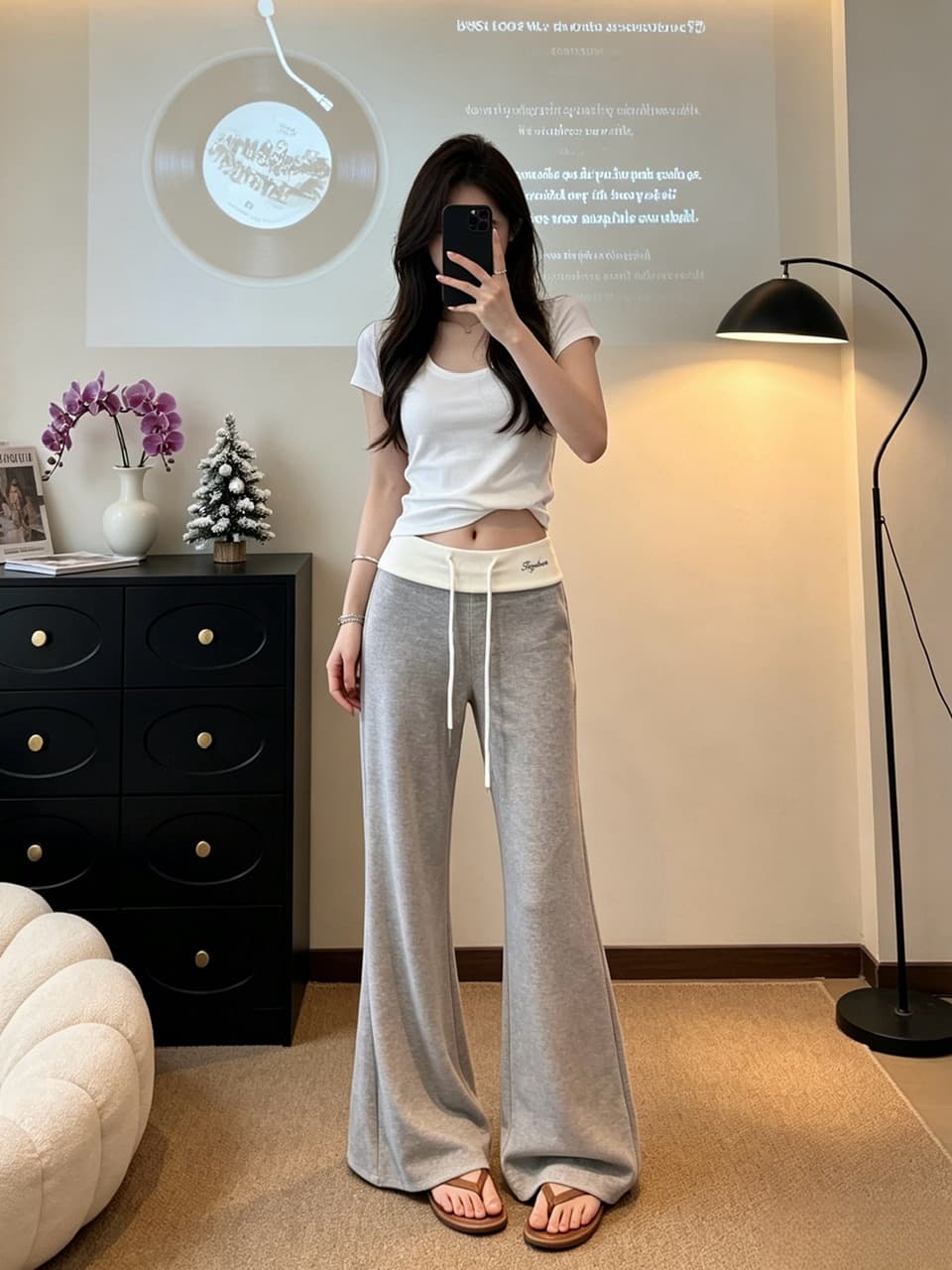 정가 실사 느긋한 바람 펌프 로프 부츠컷 바지 여성 배색 패치워크 허리 머리 디자인 센스 슬림해 보이는 캐주얼 긴 바지 상세 이미지 5