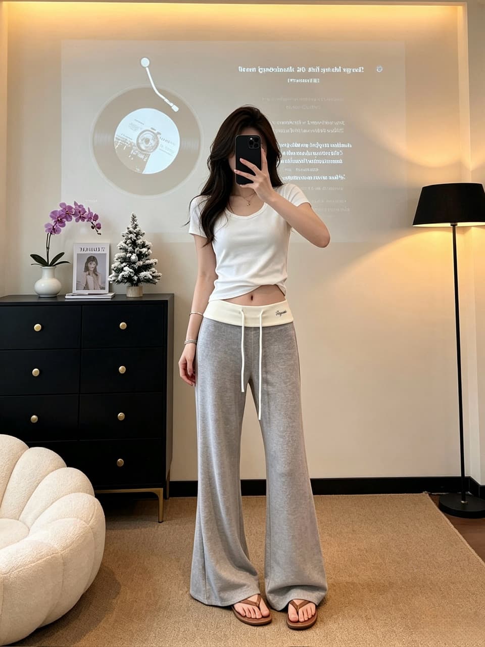 정가 실사 느긋한 바람 펌프 로프 부츠컷 바지 여성 배색 패치워크 허리 머리 디자인 센스 슬림해 보이는 캐주얼 긴 바지 상세 이미지 6