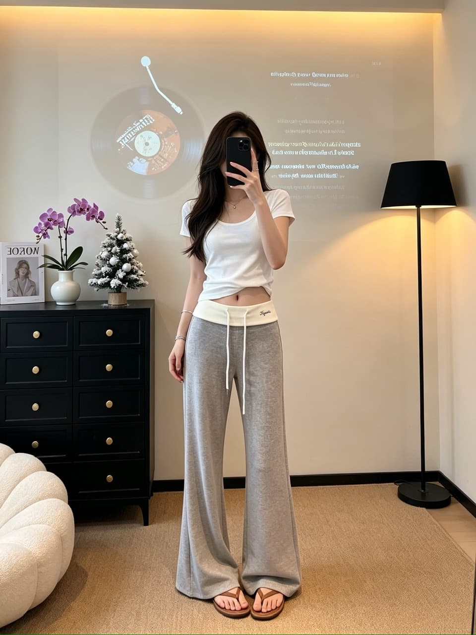 정가 실사 느긋한 바람 펌프 로프 부츠컷 바지 여성 배색 패치워크 허리 머리 디자인 센스 슬림해 보이는 캐주얼 긴 바지 상세 이미지 7