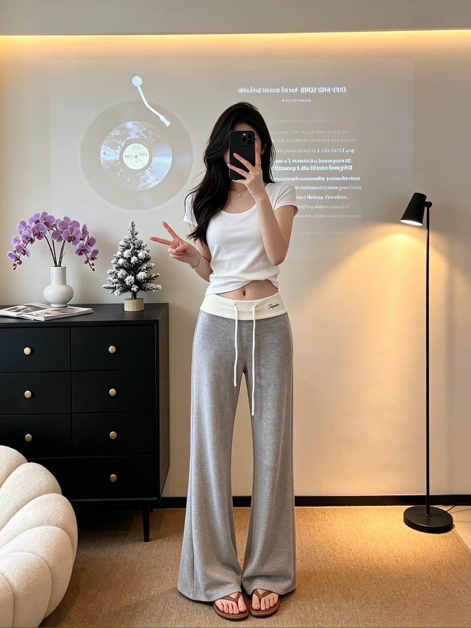 정가 실사 느긋한 바람 펌프 로프 부츠컷 바지 여성 배색 패치워크 허리 머리 디자인 센스 슬림해 보이는 캐주얼 긴 바지 상세 이미지 8
