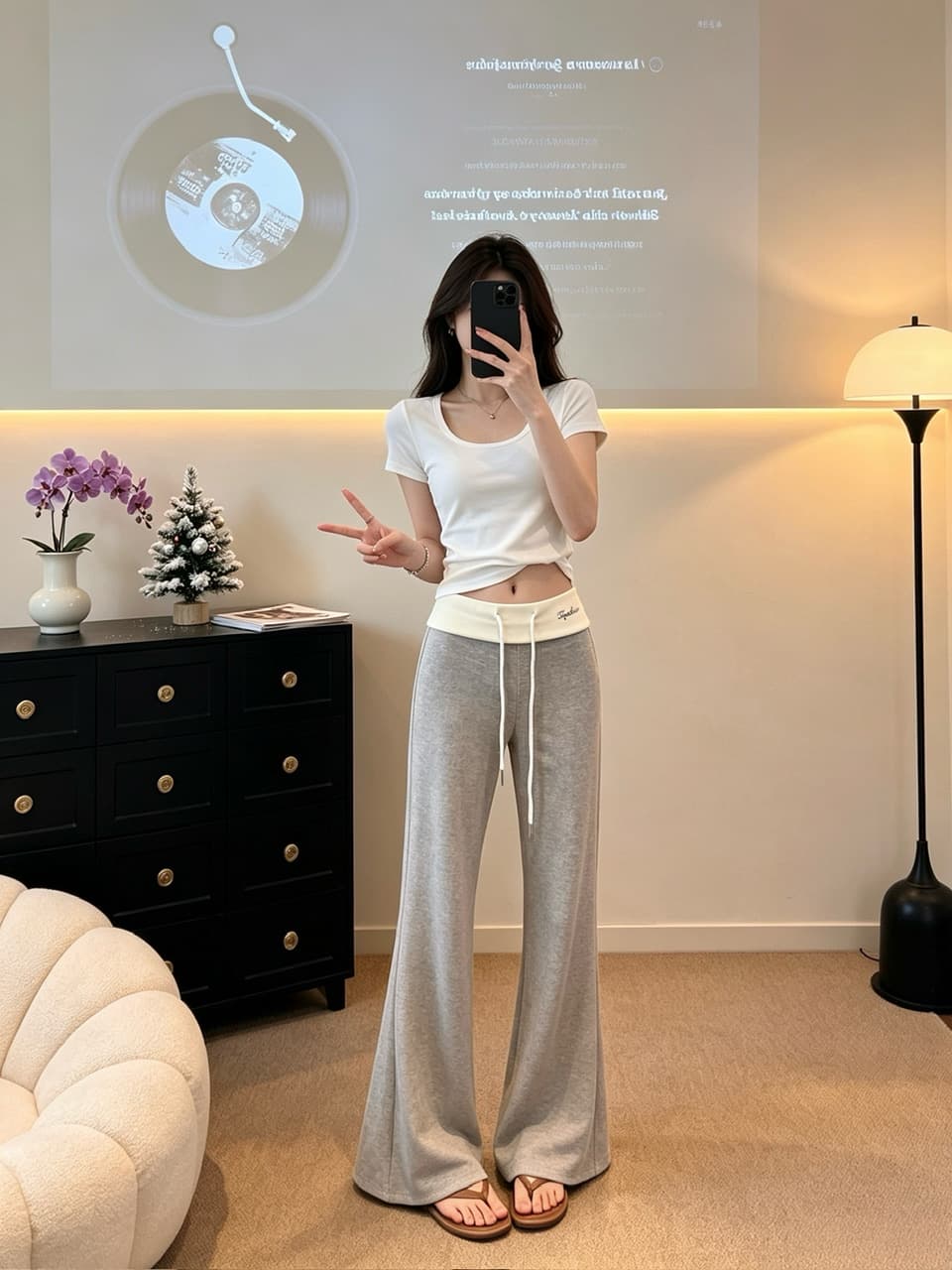 정가 실사 느긋한 바람 펌프 로프 부츠컷 바지 여성 배색 패치워크 허리 머리 디자인 센스 슬림해 보이는 캐주얼 긴 바지 상세 이미지 9