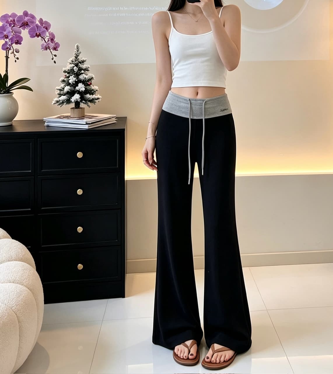 정가 실사 느긋한 바람 펌프 로프 부츠컷 바지 여성 배색 패치워크 허리 머리 디자인 센스 슬림해 보이는 캐주얼 긴 바지 상세 이미지 11