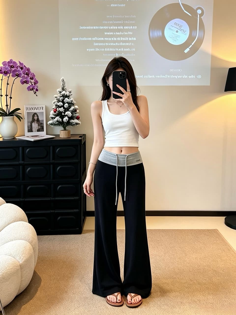 정가 실사 느긋한 바람 펌프 로프 부츠컷 바지 여성 배색 패치워크 허리 머리 디자인 센스 슬림해 보이는 캐주얼 긴 바지 상세 이미지 12