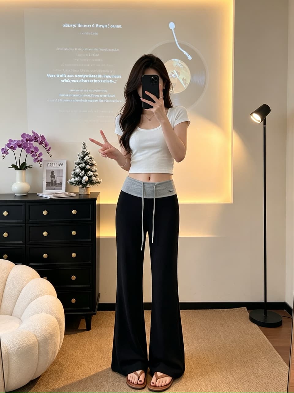 정가 실사 느긋한 바람 펌프 로프 부츠컷 바지 여성 배색 패치워크 허리 머리 디자인 센스 슬림해 보이는 캐주얼 긴 바지 상세 이미지 14