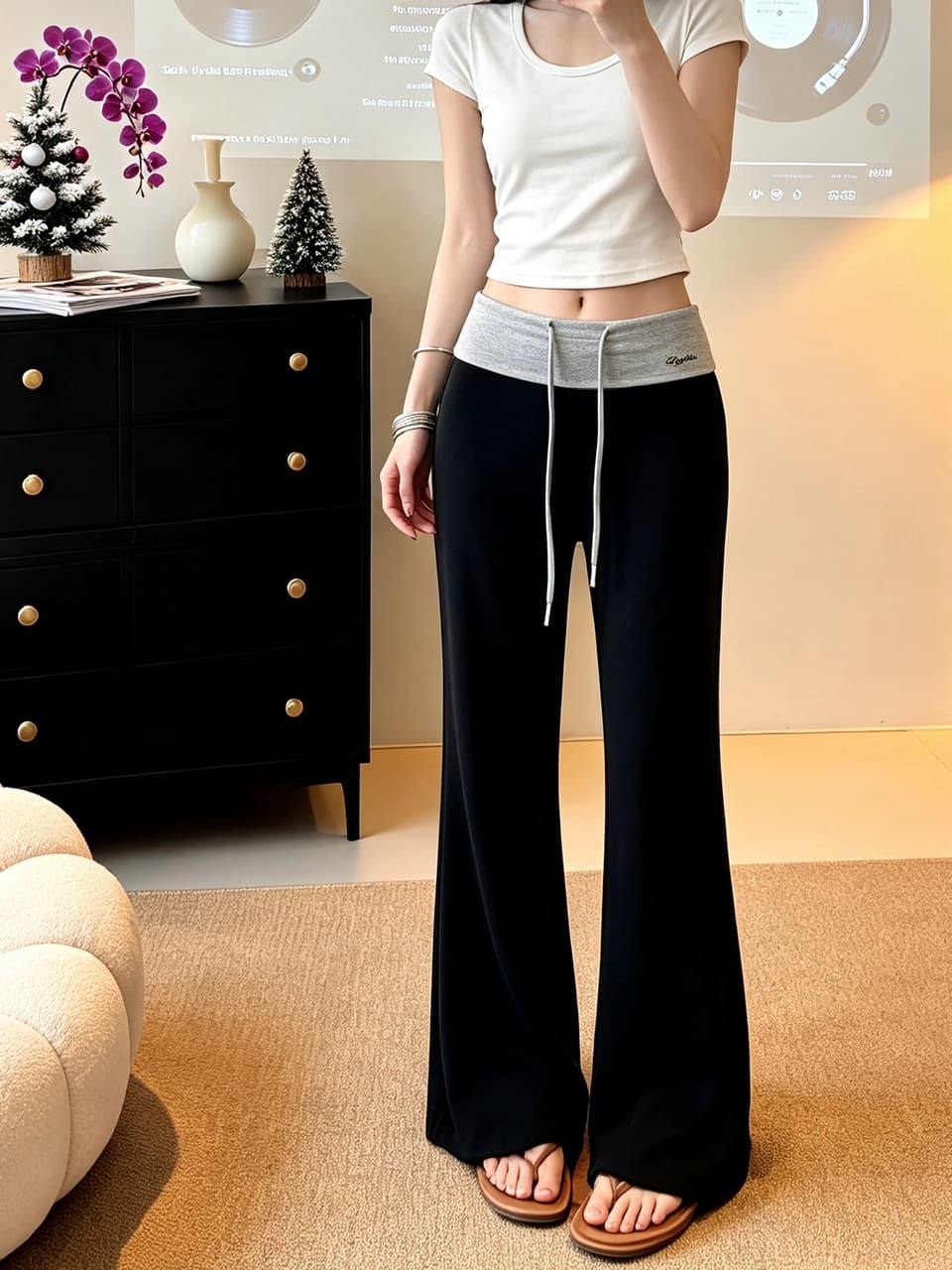 정가 실사 느긋한 바람 펌프 로프 부츠컷 바지 여성 배색 패치워크 허리 머리 디자인 센스 슬림해 보이는 캐주얼 긴 바지 상세 이미지 15