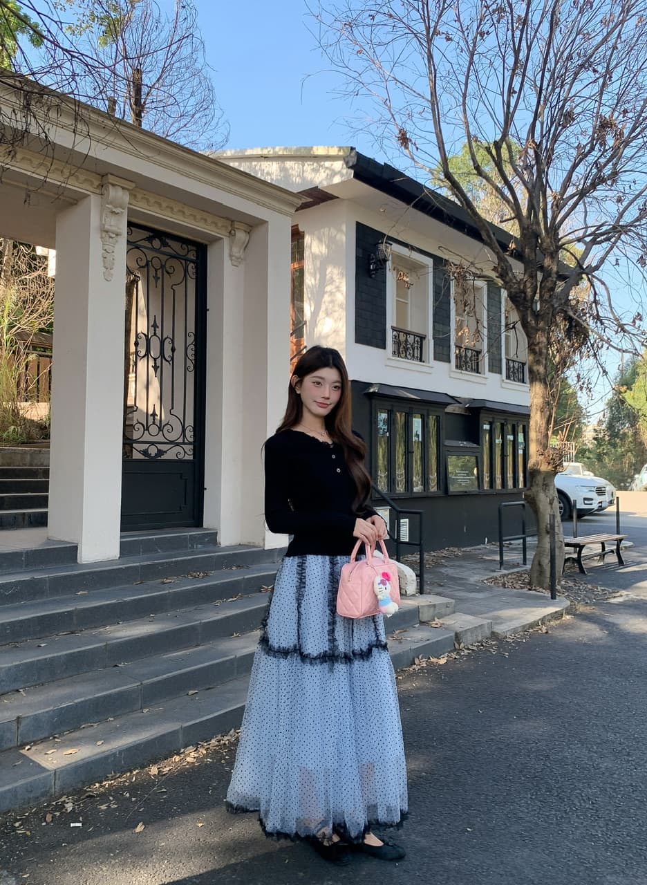 정가 실사 무거운 작업 망사 가을 겨울 새로운 도트 무늬 한 마디 우아함 고급 센스 파란색 플리츠 케이크 롱 스커트 상세 이미지 2