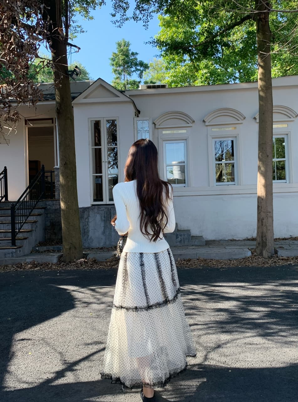 정가 실사 무거운 작업 망사 가을 겨울 새로운 도트 무늬 한 마디 우아함 고급 센스 파란색 플리츠 케이크 롱 스커트 상세 이미지 24