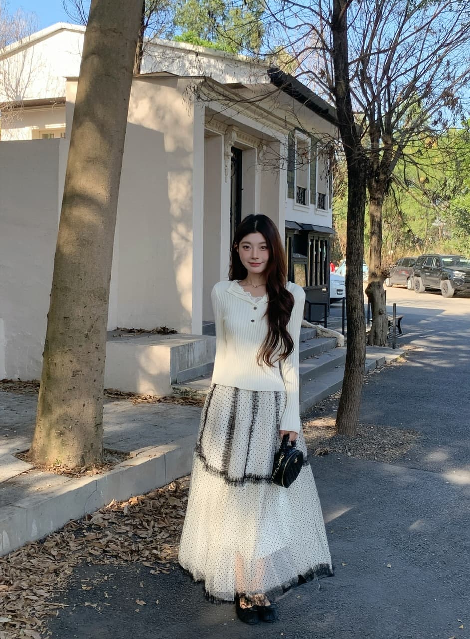 정가 실사 무거운 작업 망사 가을 겨울 새로운 도트 무늬 한 마디 우아함 고급 센스 파란색 플리츠 케이크 롱 스커트 상세 이미지 32