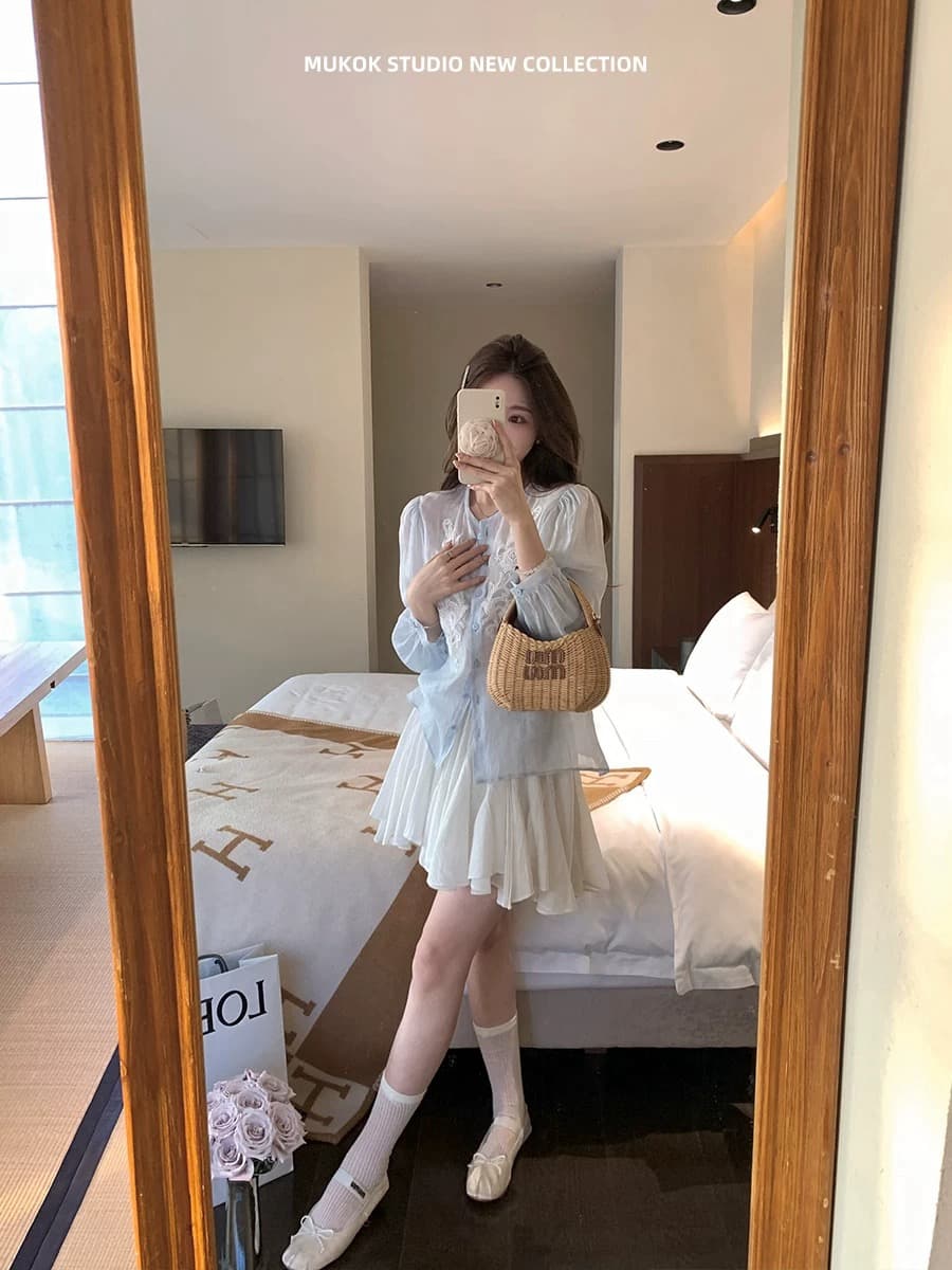 mukok 화이트 한 마디 퍼프 미니 스커트 여성 봄 여름 새로운 연령 감소 슬림해 보이는 불규칙 프릴 반신 스커트 이미지 2