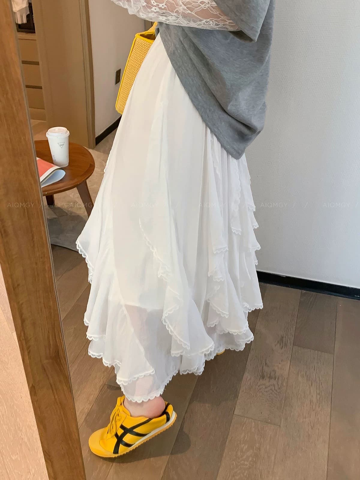 사랑 악마 물고기 화이트 프릴 불규칙 반신 스커트 여성 2025 봄 여름 새로운 하이웨이스트 a 단어 길이 치마 상세 이미지 4