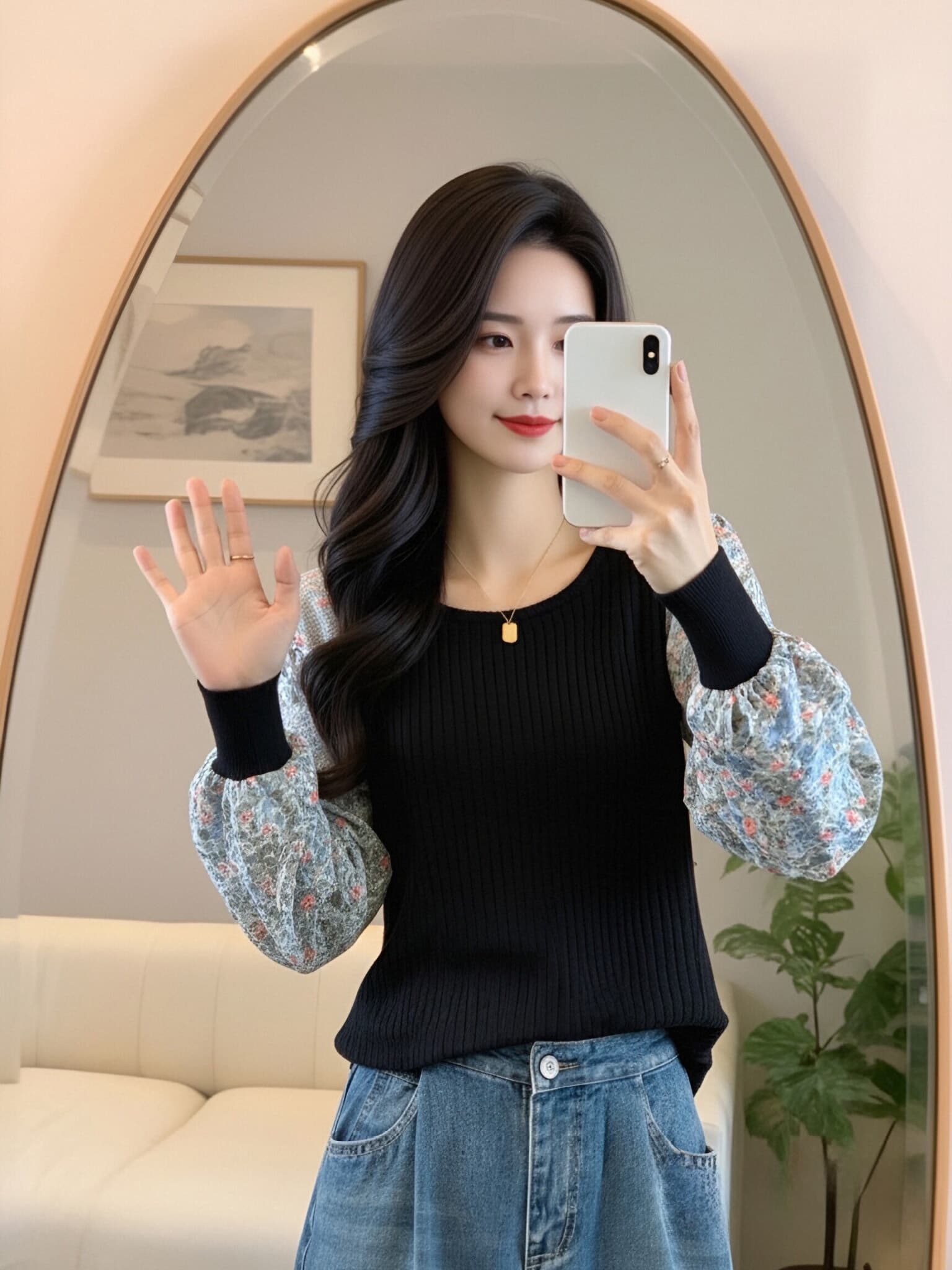 실사 봄 가을 빅 사이즈 여성 셔츠 한 부서 꽃무늬 패치워크 긴팔 거품 소매 니트 스웨터 가짜 2 피스 슈트 맨위 상세 이미지 2