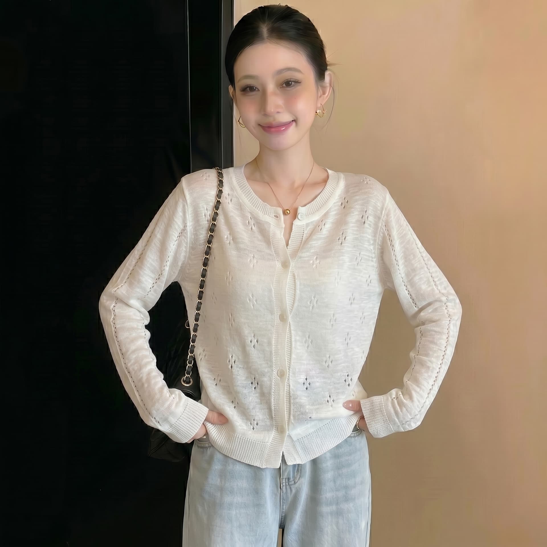 실사 빅 사이즈 마이크로 지방 한 부서 홀로우 아웃 얇은 스타일 레이스 니트 오픈 가디건 여성 여름 새로운 외부 가져 가라. 화이트 태양 보호 셔츠 상세 이미지 3