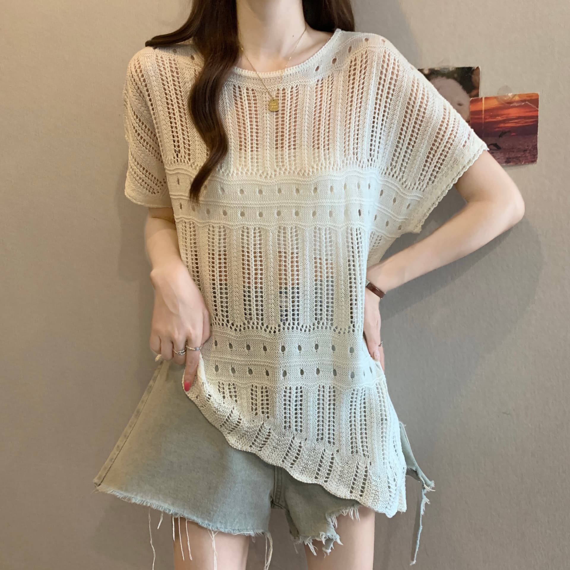 실사 빅 사이즈 새로운 프랑스식 레트로 홀로우 아웃 블라우스 여성 루즈핏 풀오버 비대칭 디자인 센스 배트윙 소매 맨위 상세 이미지 16