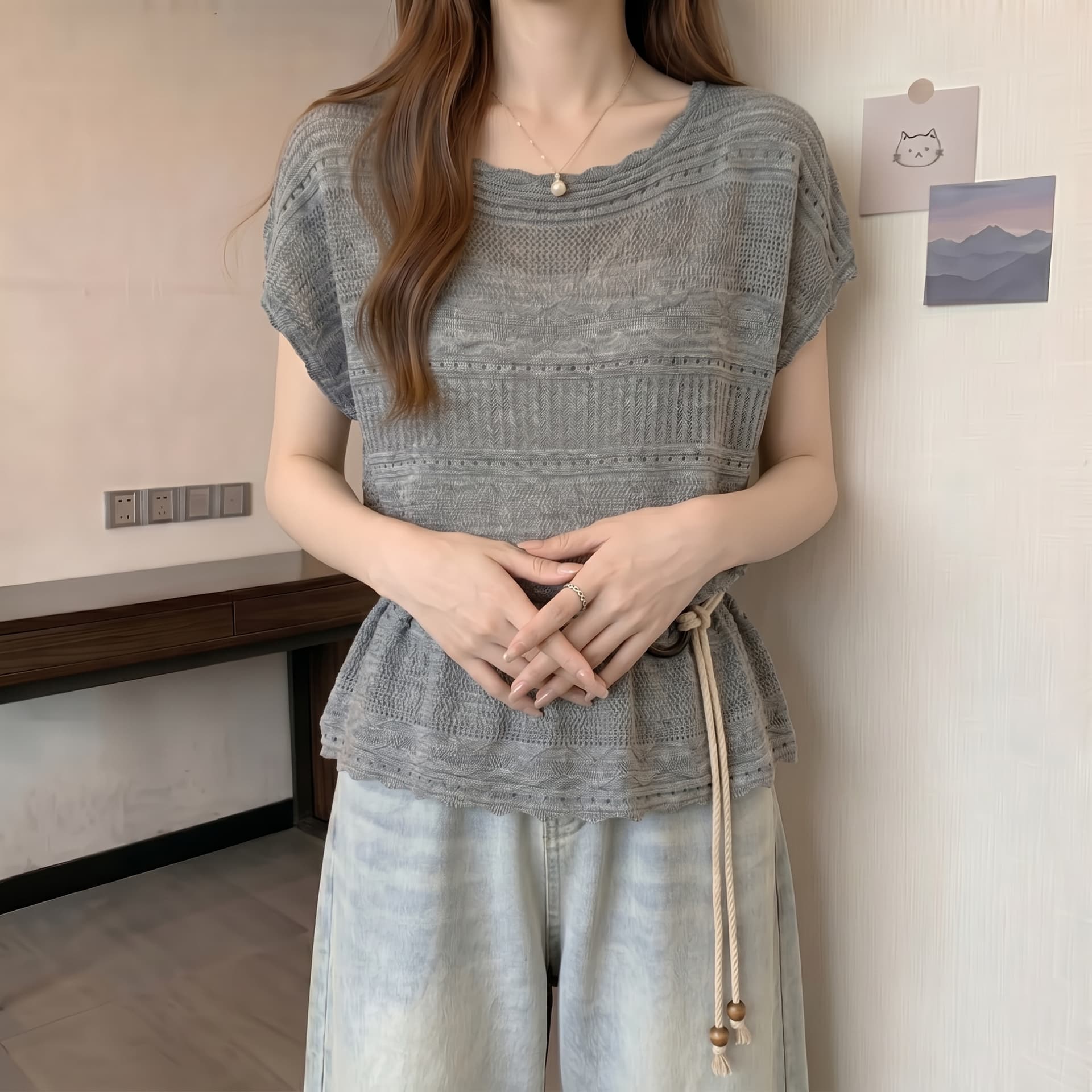 실사 빅 사이즈 한 부서 익스트림 제인 바람 배트윙 소매 니트 스웨터 여성 여름 얇은 스타일 홀로우 아웃 자수 슬림해 보이는 맨위 이미지 4