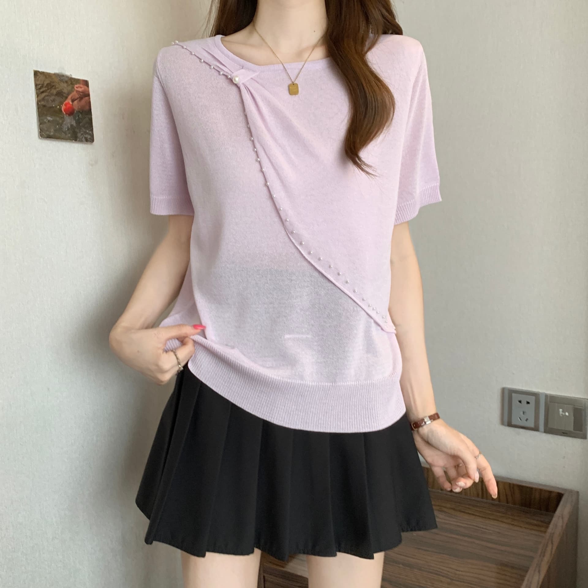 실사 빅 사이즈 한 부서 레트로 나비 매듭 니트 스웨터 여성 얇은 스타일 미니멀리즘 디자인 센스 반팔 티셔츠 슬림해 보이는 맨위 상세 이미지 11