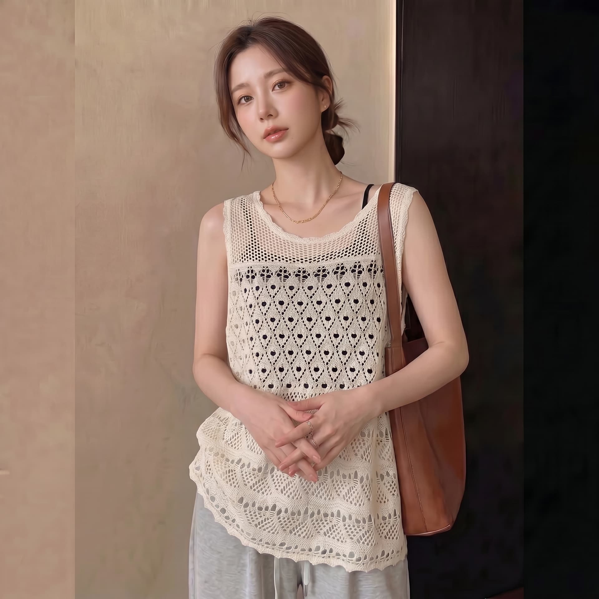 실사 빅 사이즈 한 부서 레트로 라운드 넥 조끼 여성 얇은 스타일 다용도 니트 스웨터 홀로우 아웃 스택 착용 슬립 블라우스 상세 이미지 4