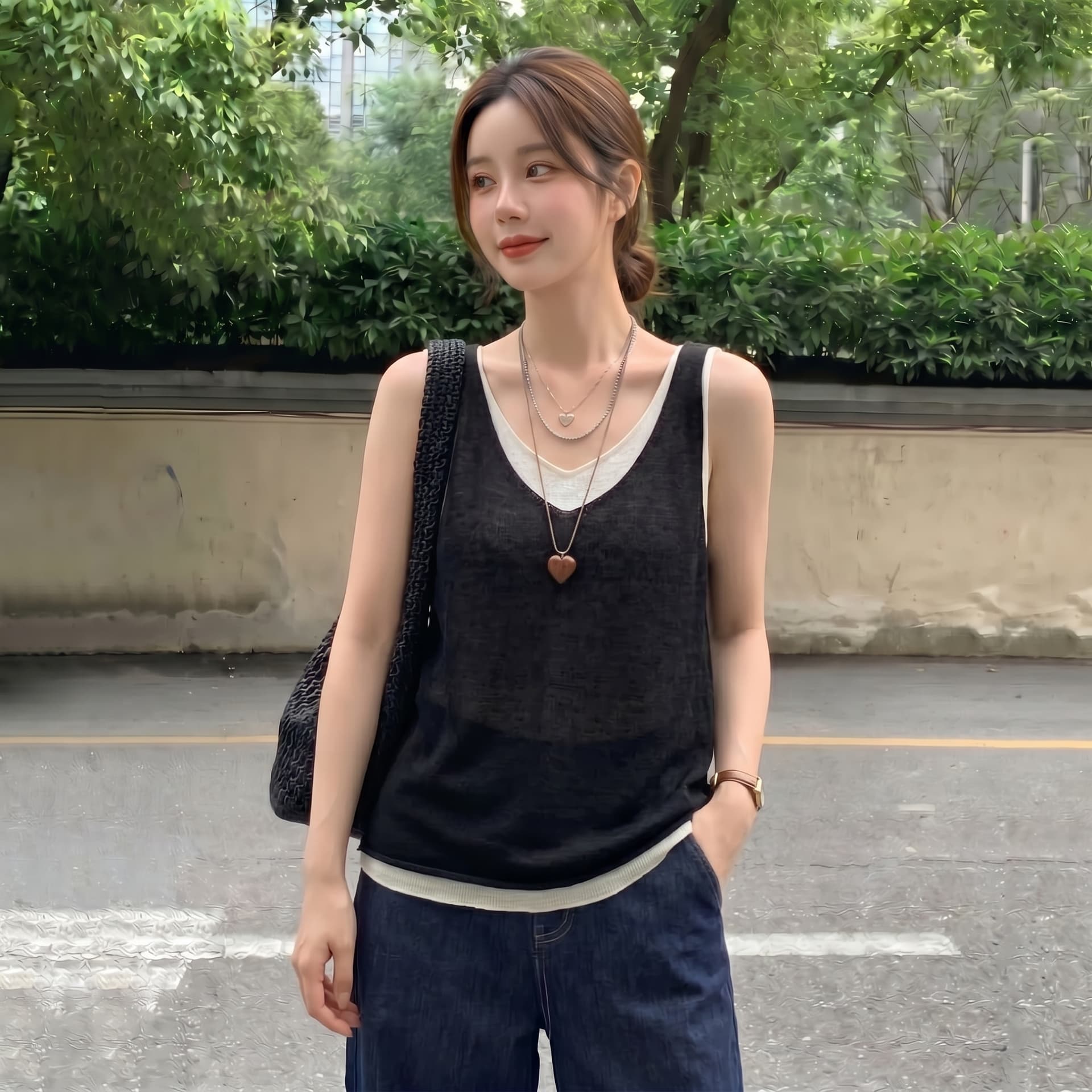 실사 빅 사이즈 여름 새로운 가짜 2 피스 슈트 조끼 여성 얼음 실크 모방 아마 마이크로 지방 표지 배 티셔츠 맨위 상세 이미지 3
