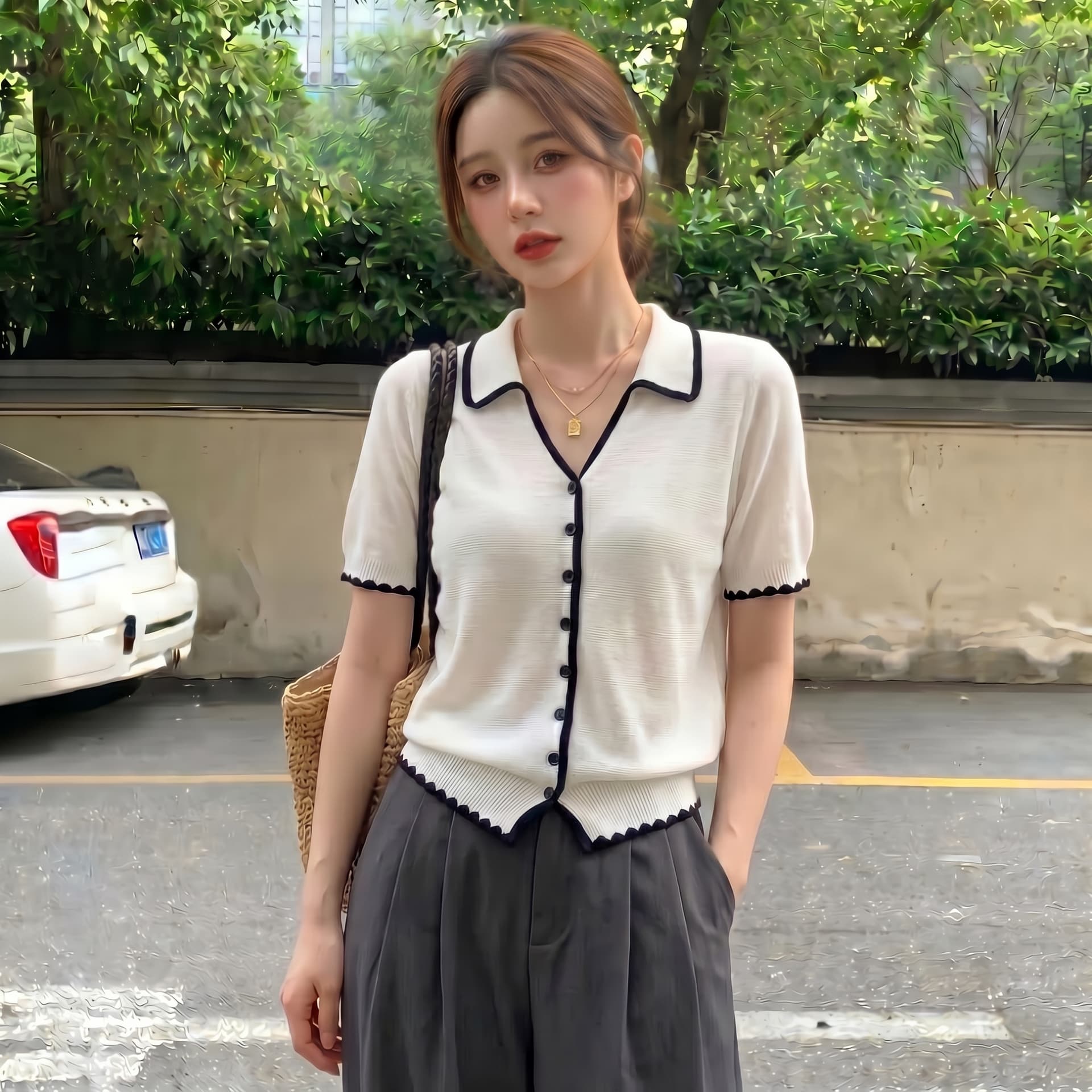 실사 빅 사이즈 한 부서 레트로 POLO 칼라 얇은 스타일 얼음 실크 반팔 여성 여름 자수 패치워크 색상 캐주얼 니트 맨위 이미지 4