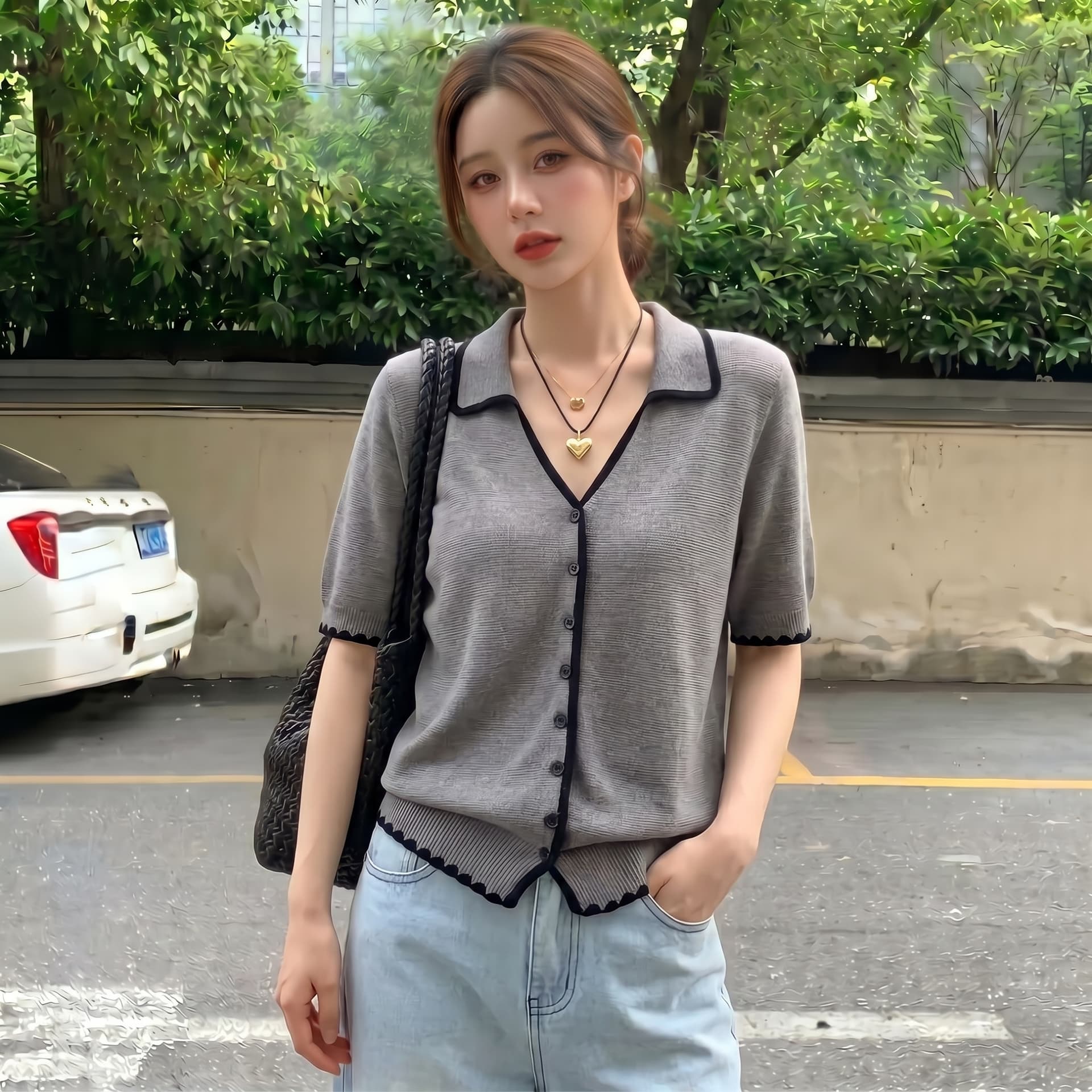 실사 빅 사이즈 한 부서 레트로 POLO 칼라 얇은 스타일 얼음 실크 반팔 여성 여름 자수 패치워크 색상 캐주얼 니트 맨위