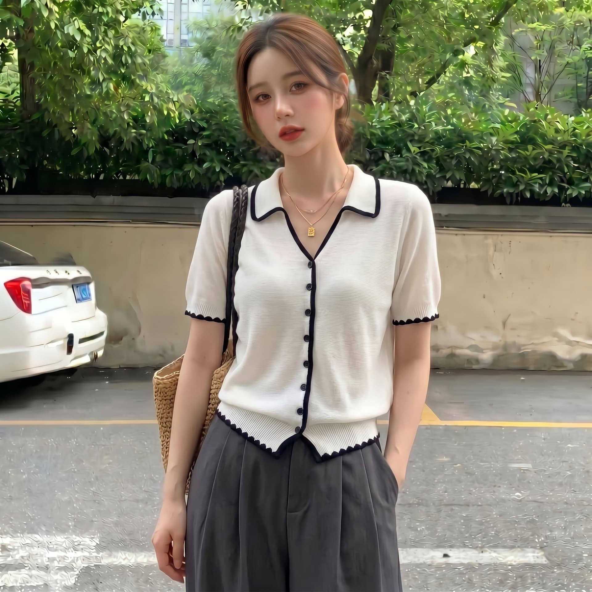 실사 빅 사이즈 한 부서 레트로 POLO 칼라 얇은 스타일 얼음 실크 반팔 여성 여름 자수 패치워크 색상 캐주얼 니트 맨위 상세 이미지 3