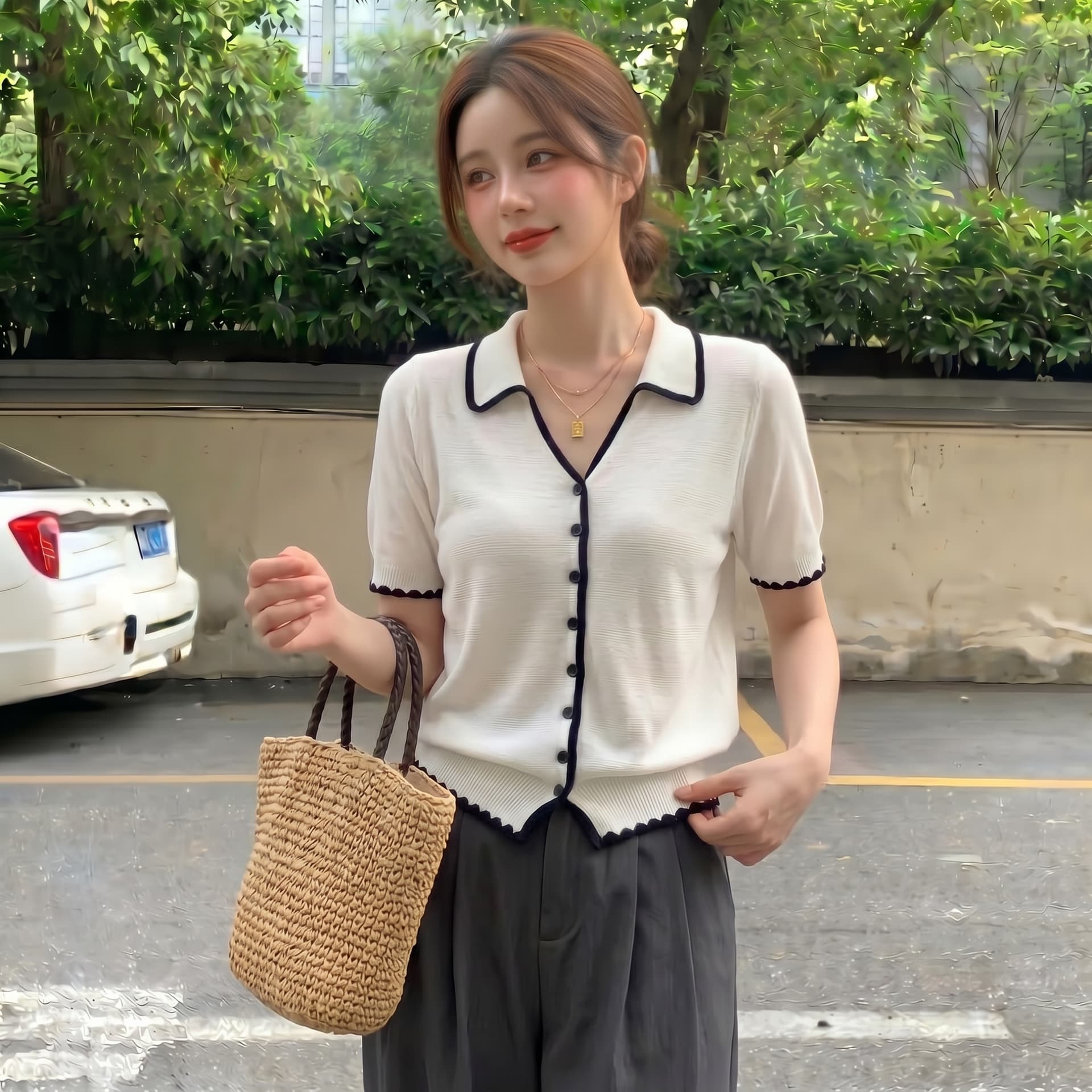 실사 빅 사이즈 한 부서 레트로 POLO 칼라 얇은 스타일 얼음 실크 반팔 여성 여름 자수 패치워크 색상 캐주얼 니트 맨위 상세 이미지 4